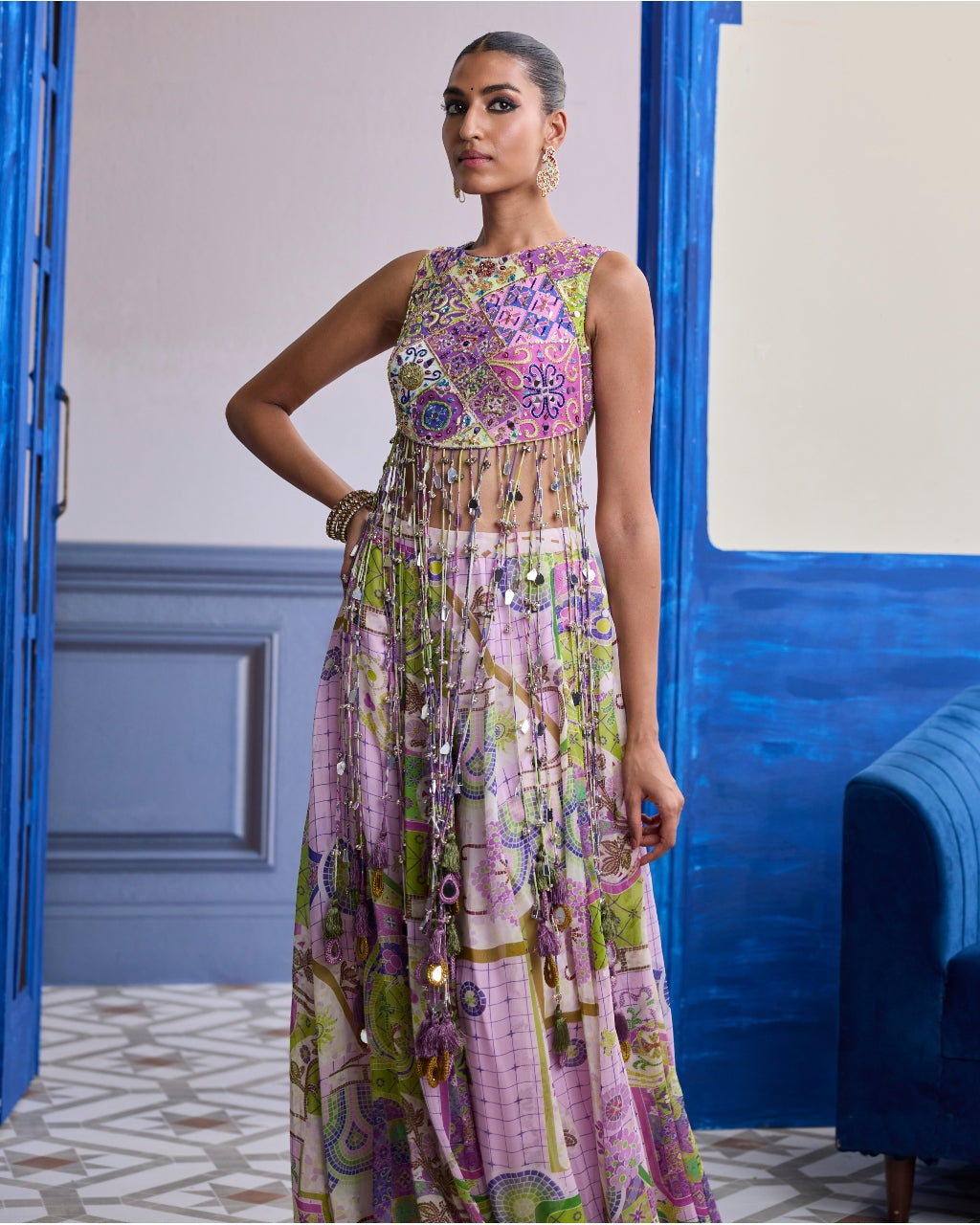 Bubblegum Mosaic Yoke Blouse With Long Tassels & Printed Sharara Set