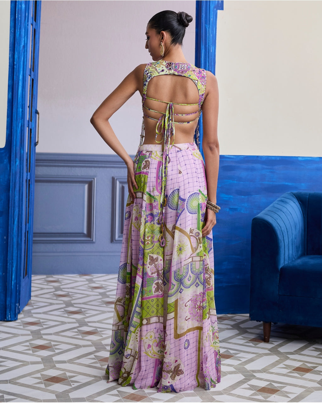 Bubblegum Mosaic Yoke Blouse With Long Tassels & Printed Sharara Set