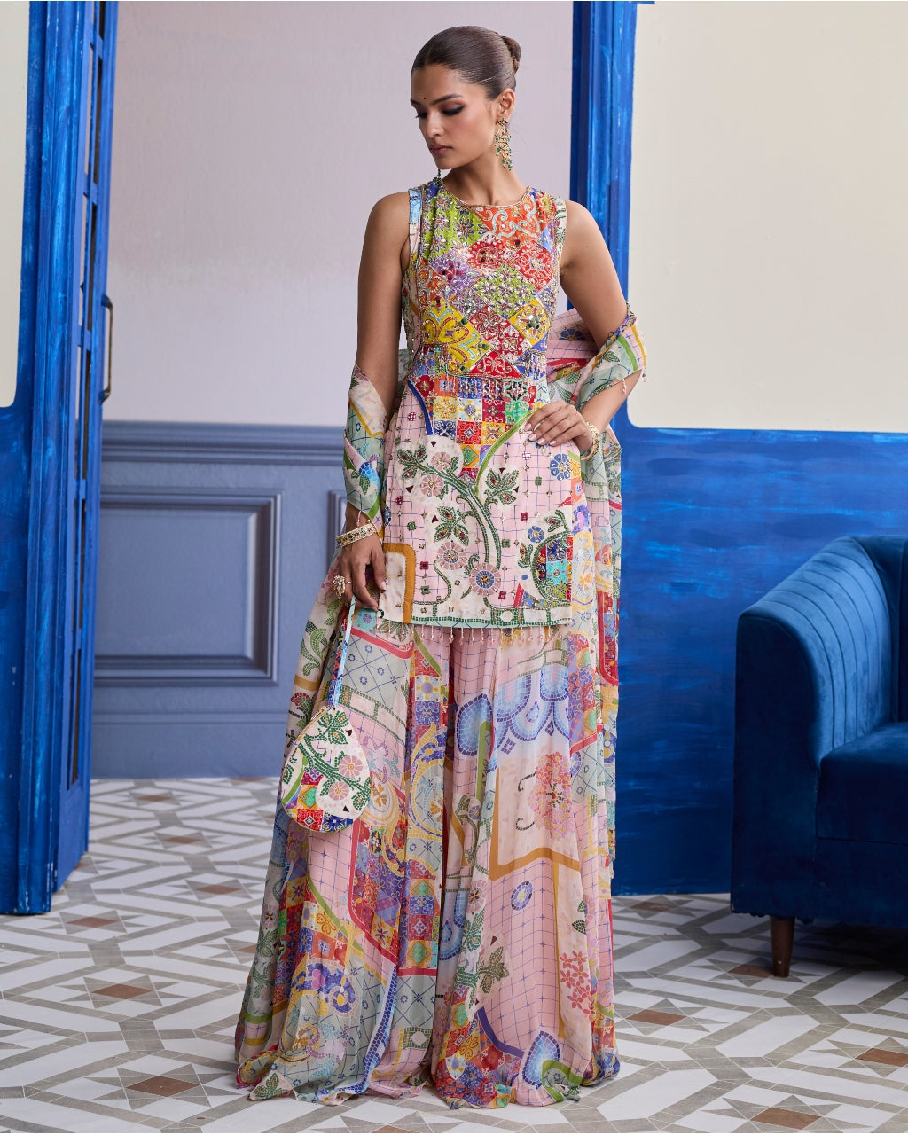 Blush Pink Mosaic Kurti With Flared Sharara & Dupatta Set