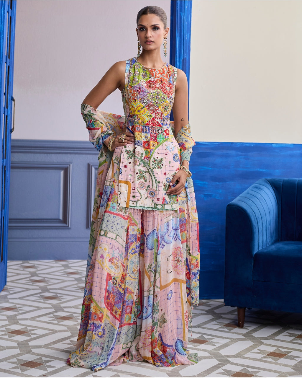 Blush Pink Mosaic Kurti With Flared Sharara & Dupatta Set