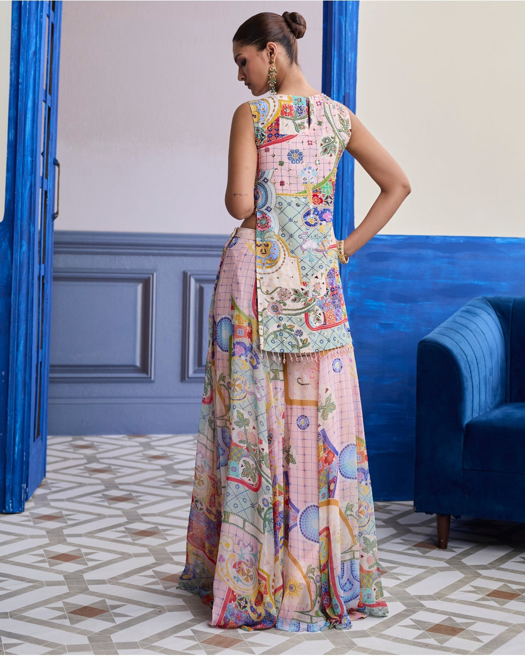 Blush Pink Mosaic Kurti With Flared Sharara & Dupatta Set