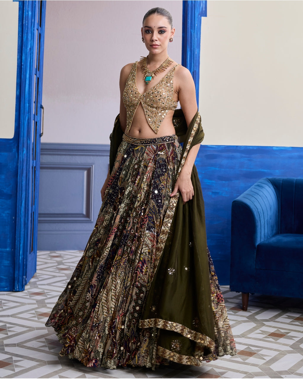 Gold Embroidered Blouse With Highlighted Lehenga & Embroidered Dupatta Set