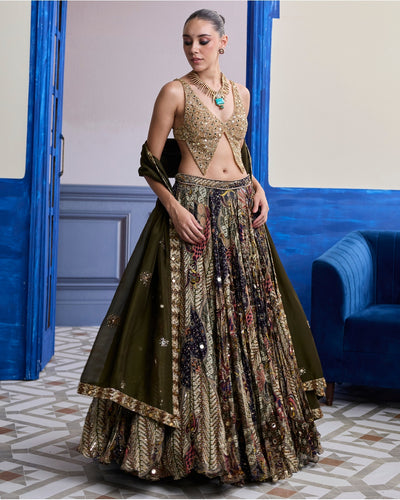 Gold Embroidered Blouse With Highlighted Lehenga & Embroidered Dupatta Set
