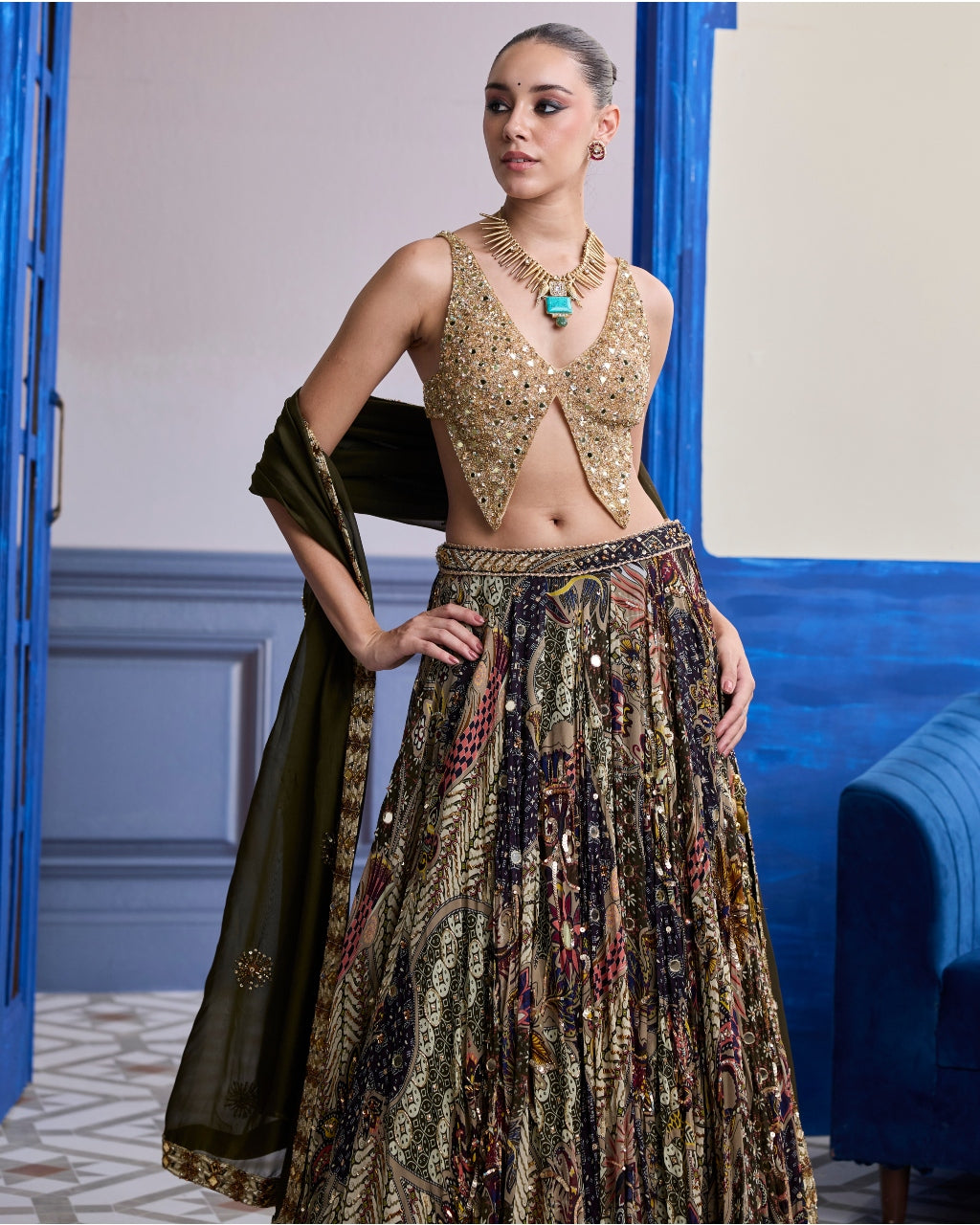 Gold Embroidered Blouse With Highlighted Lehenga & Embroidered Dupatta Set