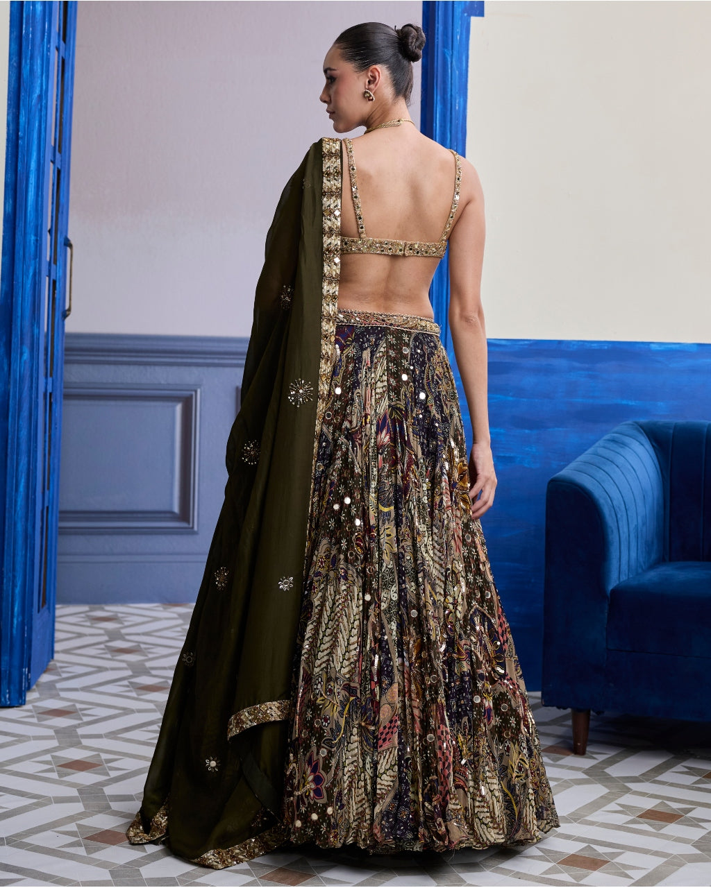 Gold Embroidered Blouse With Highlighted Lehenga & Embroidered Dupatta Set