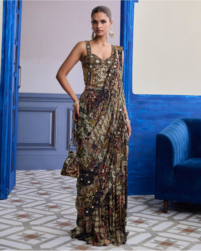 Olive Print Corset With Drape Tiered Skirt Sari Set