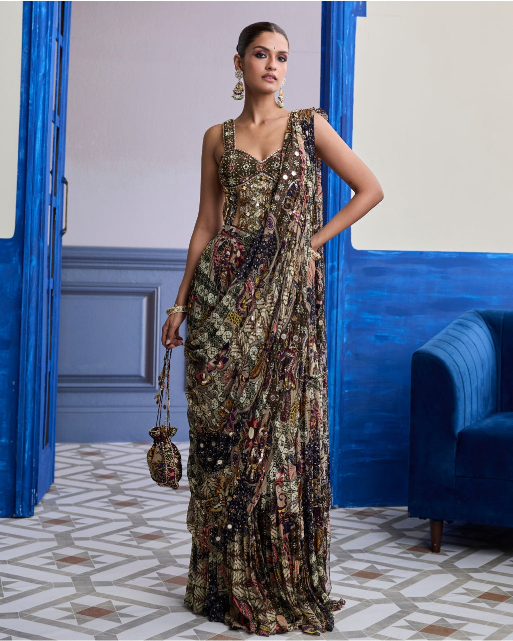 Olive Print Corset With Drape Tiered Skirt Sari Set