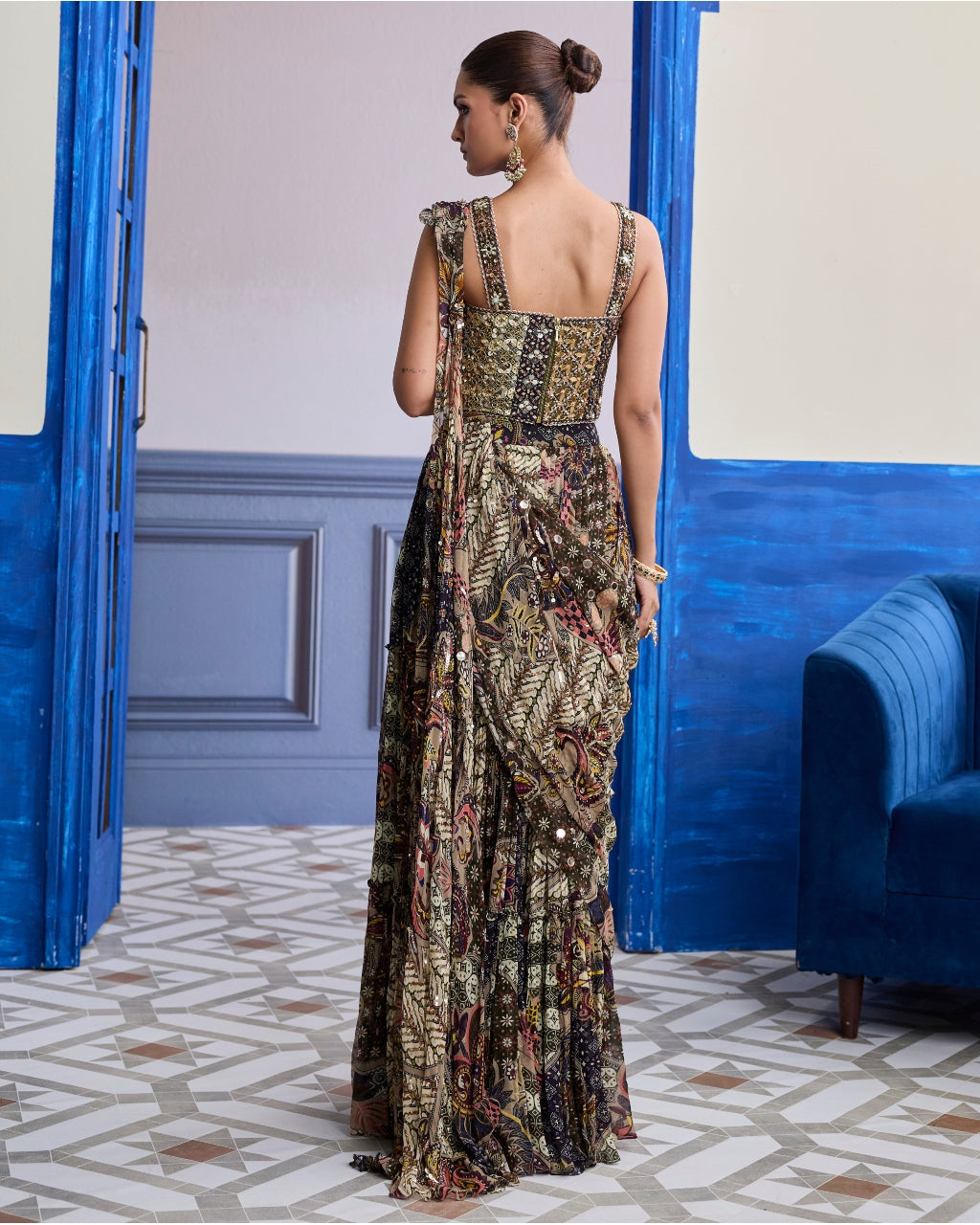 Olive Print Corset With Drape Tiered Skirt Sari Set