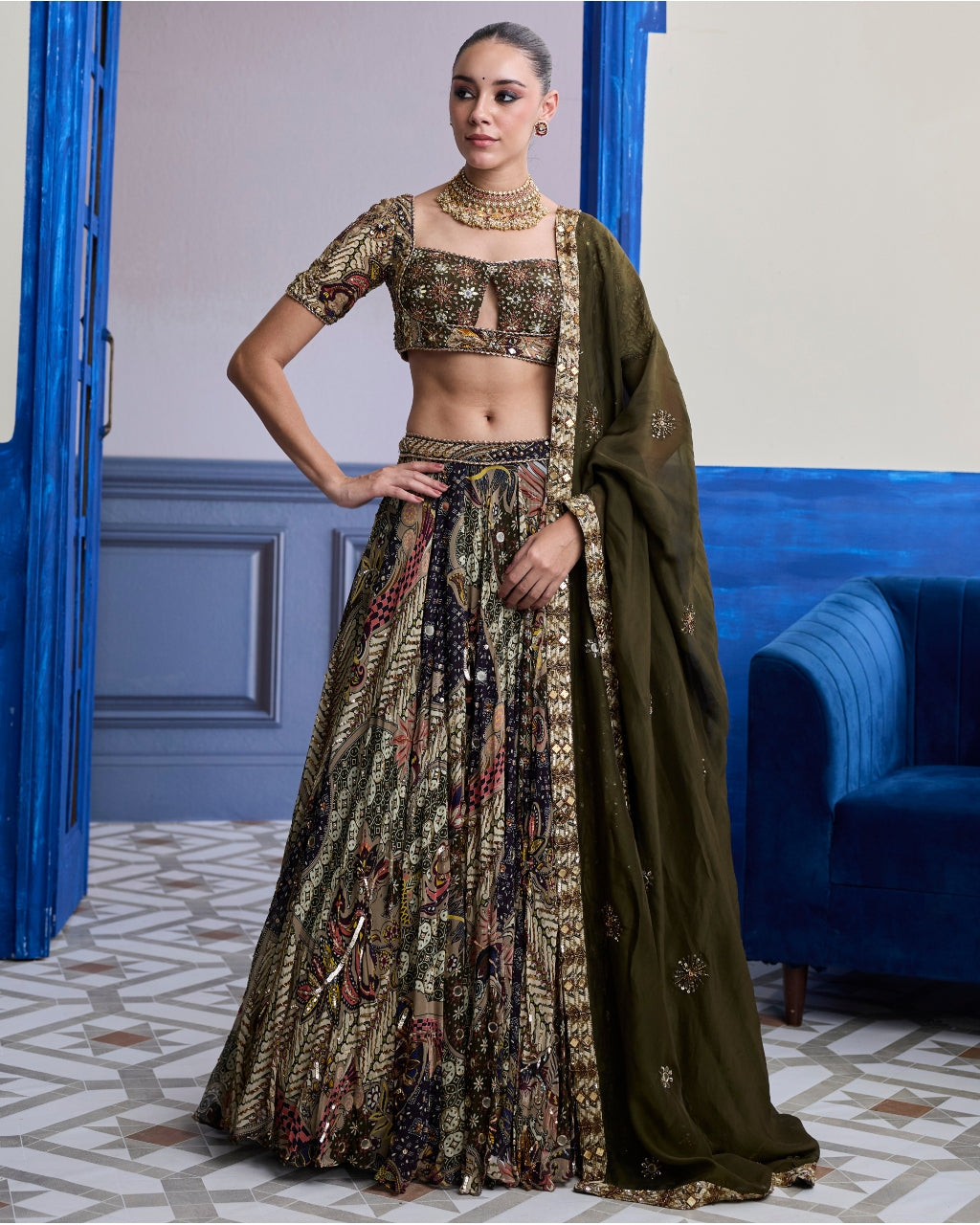 Olive Print Blouse With Highlighted Lehenga & Embroidered Dupatta Set