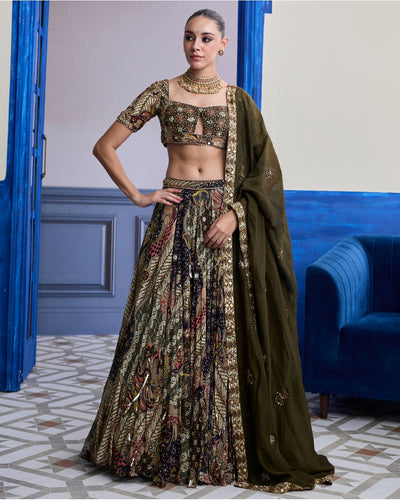 Olive Print Blouse With Highlighted Lehenga & Embroidered Dupatta Set