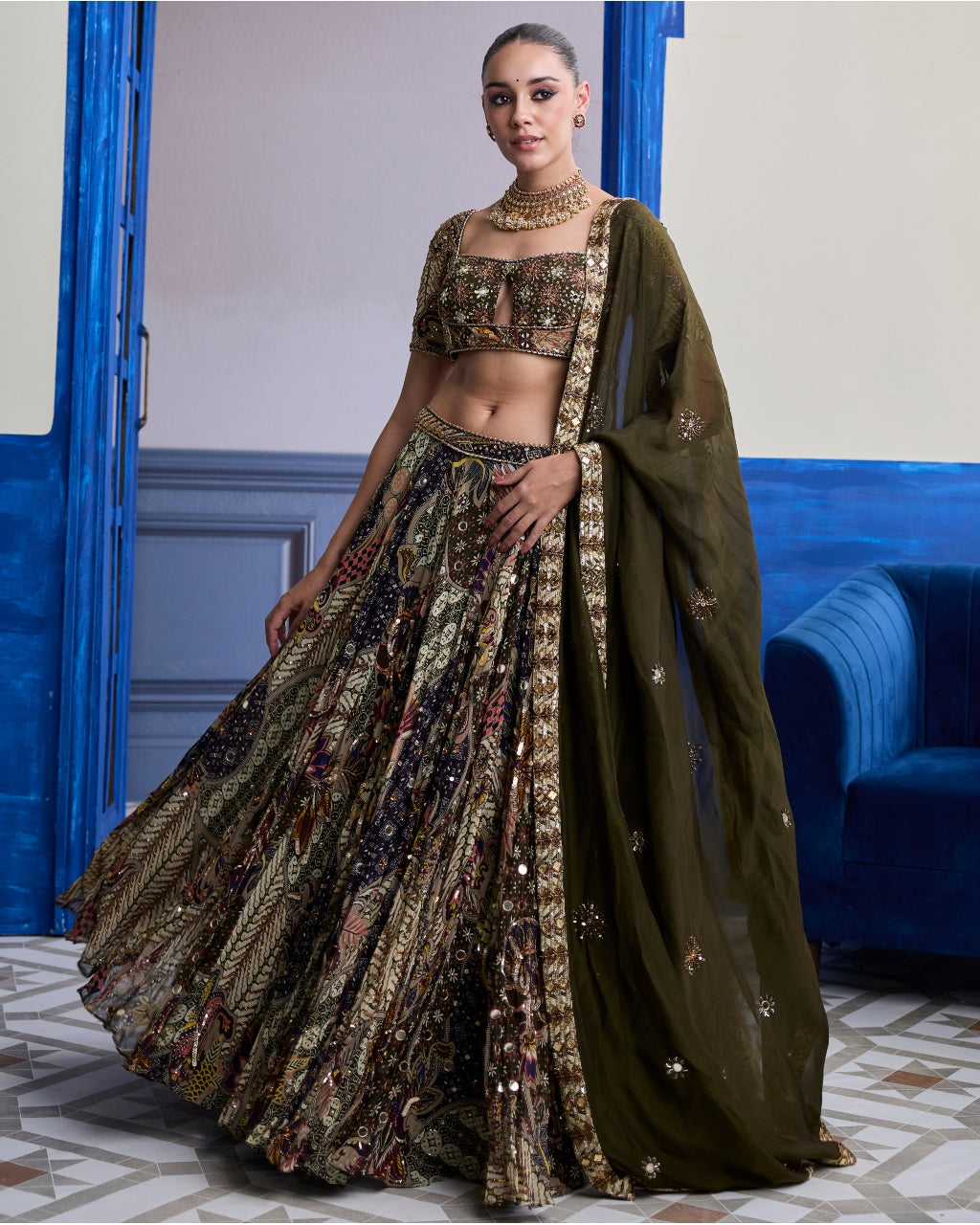Olive Print Blouse With Highlighted Lehenga & Embroidered Dupatta Set