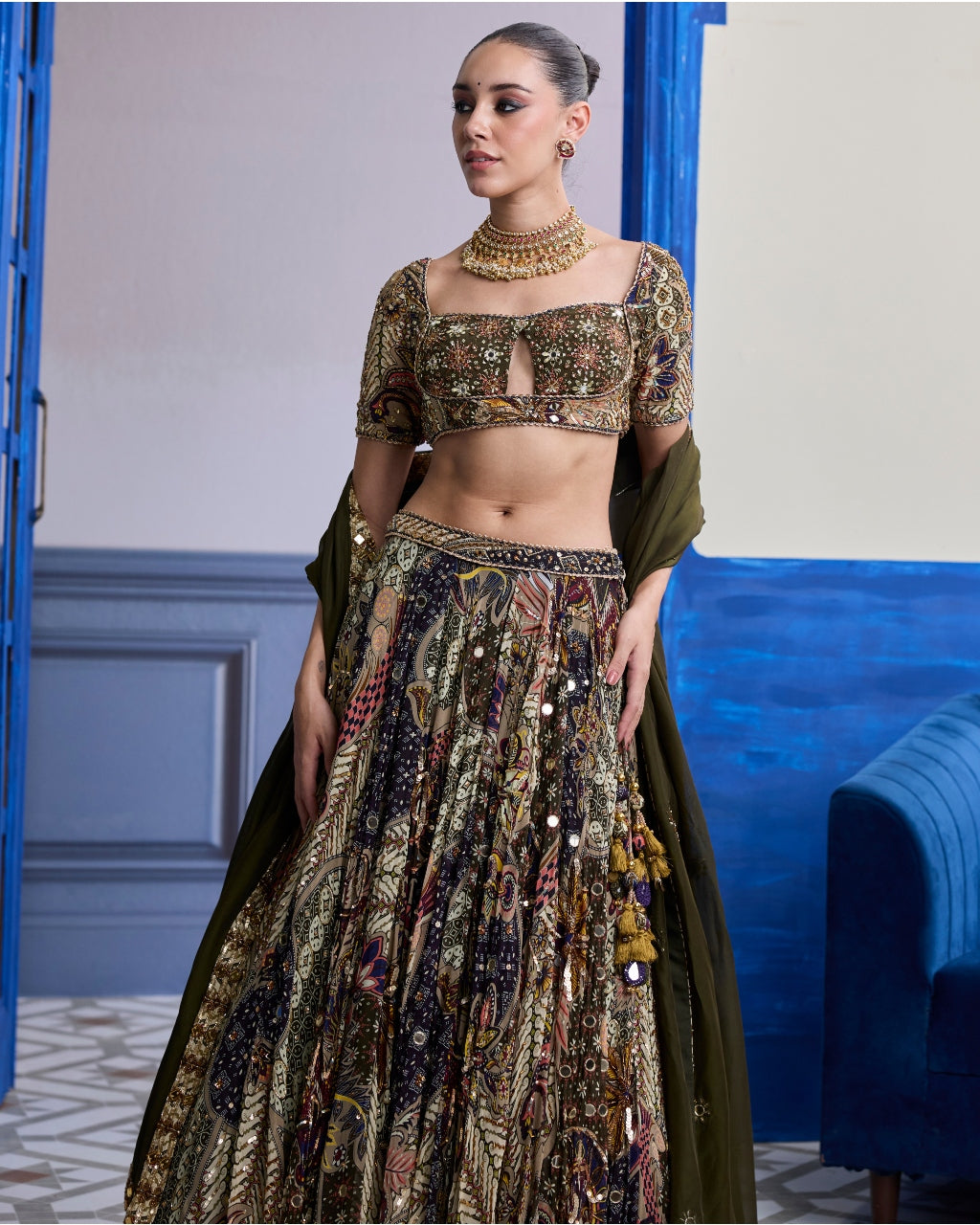 Olive Print Blouse With Highlighted Lehenga & Embroidered Dupatta Set