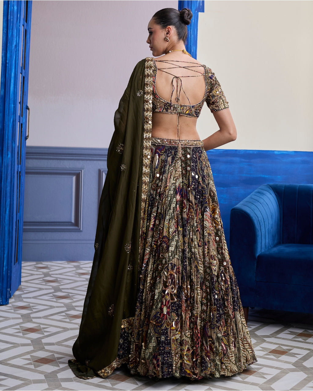 Olive Print Blouse With Highlighted Lehenga & Embroidered Dupatta Set