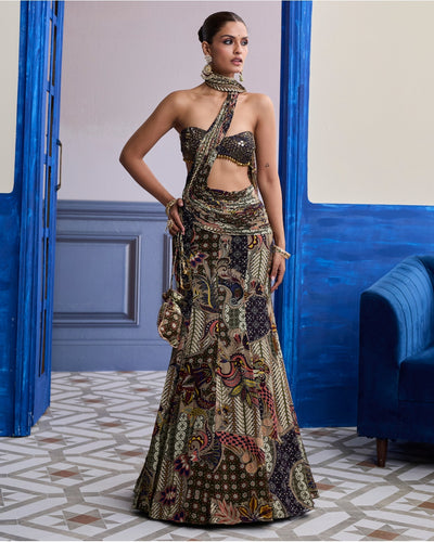 Purple Embroidered Blouse With Olive Floral Fish Cut Sari Set