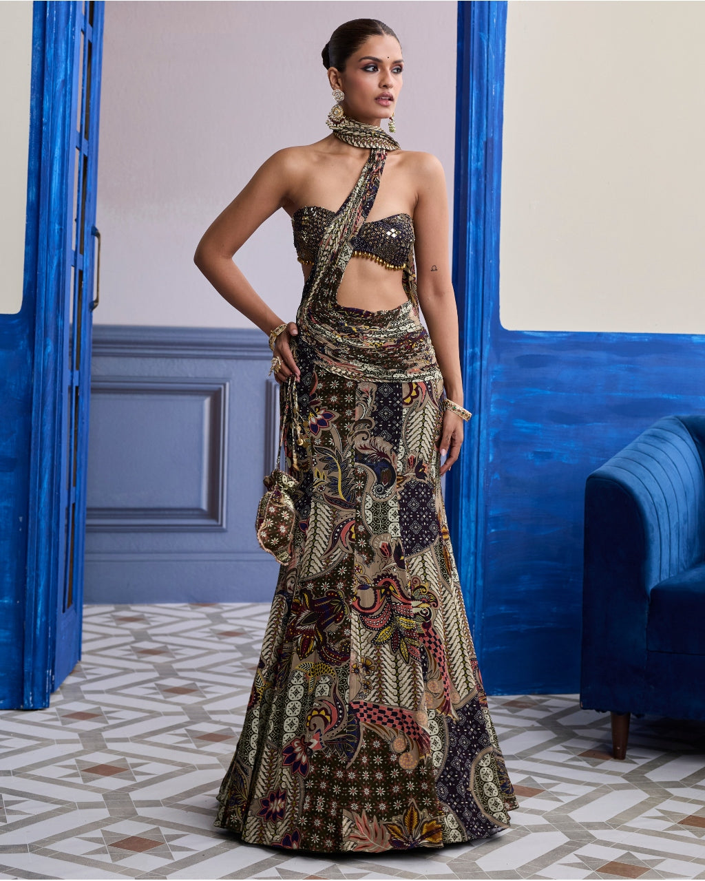 Purple Embroidered Blouse With Olive Floral Fish Cut Sari Set
