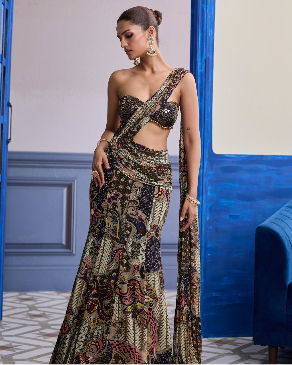 Purple Embroidered Blouse With Olive Floral Fish Cut Sari Set