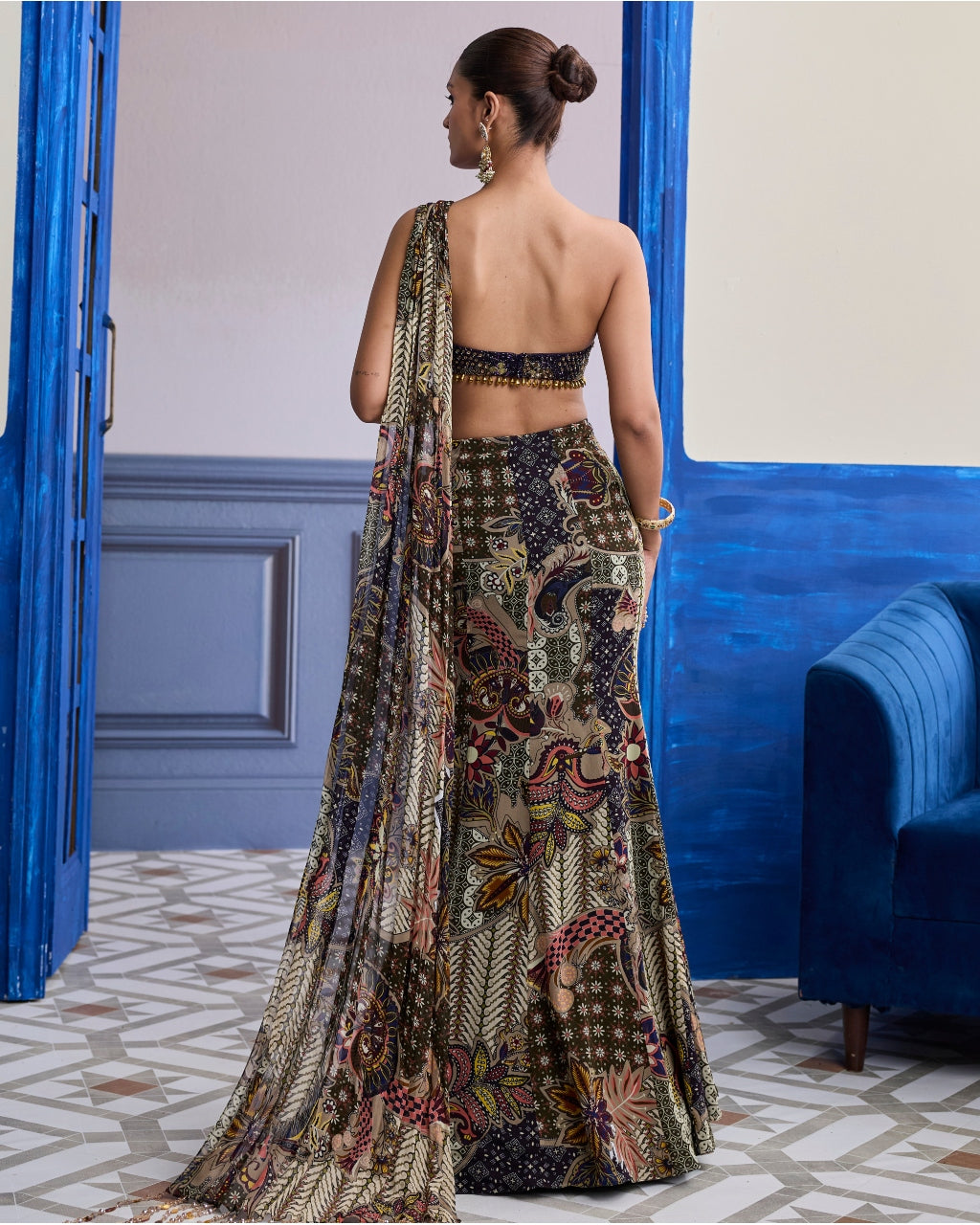 Purple Embroidered Blouse With Olive Floral Fish Cut Sari Set