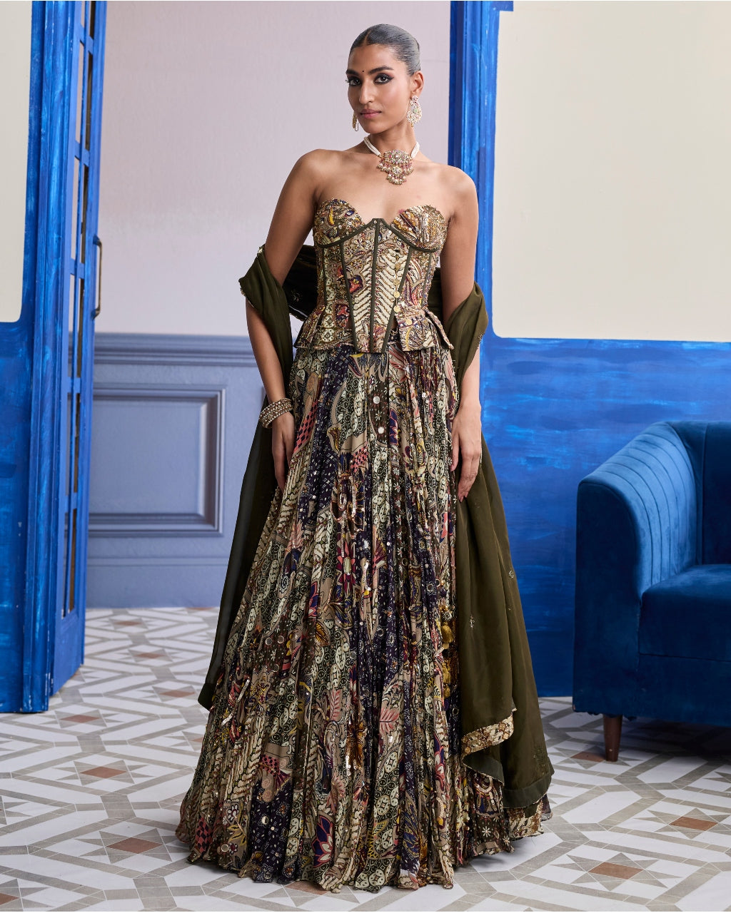 Olive Print Corset With Highlighted Lehenga & Embroidered Dupatta Set