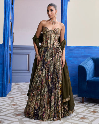 Olive Print Corset With Highlighted Lehenga & Embroidered Dupatta Set