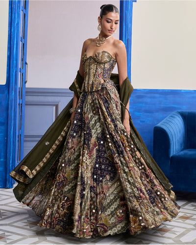Olive Print Corset With Highlighted Lehenga & Embroidered Dupatta Set