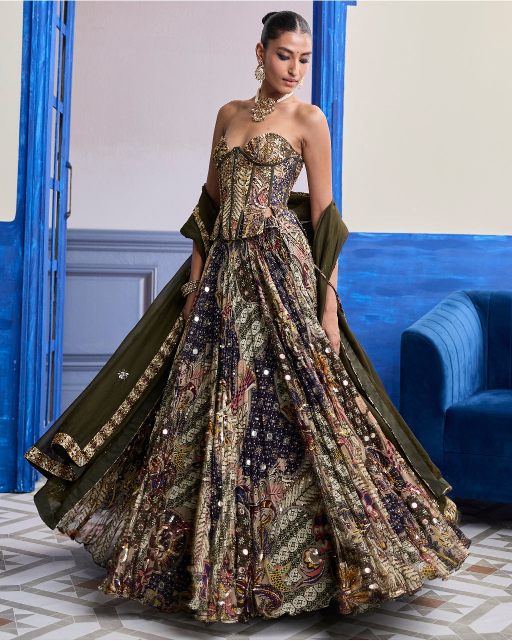 Olive Print Corset With Highlighted Lehenga & Embroidered Dupatta Set
