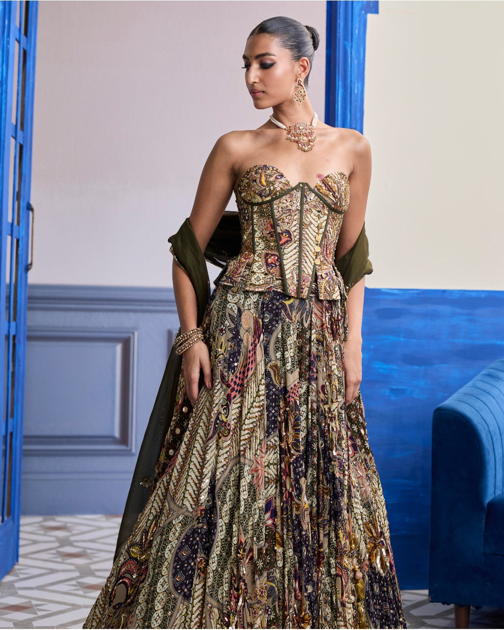 Olive Print Corset With Highlighted Lehenga & Embroidered Dupatta Set