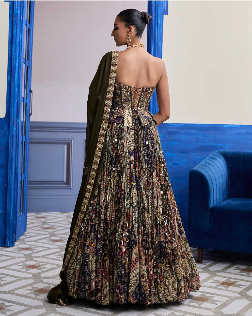 Olive Print Corset With Highlighted Lehenga & Embroidered Dupatta Set