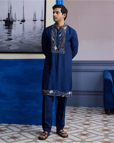 Dark Blue Abstract Emboidered Kurta With Solid Pants