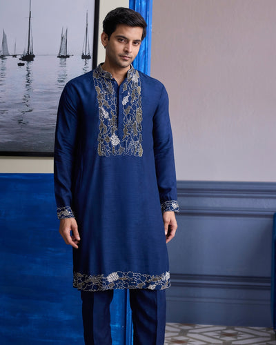 Dark Blue Abstract Emboidered Kurta With Solid Pants
