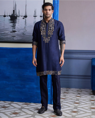 Dark Blue Geometric Emboidered Kurta With Solid Pants