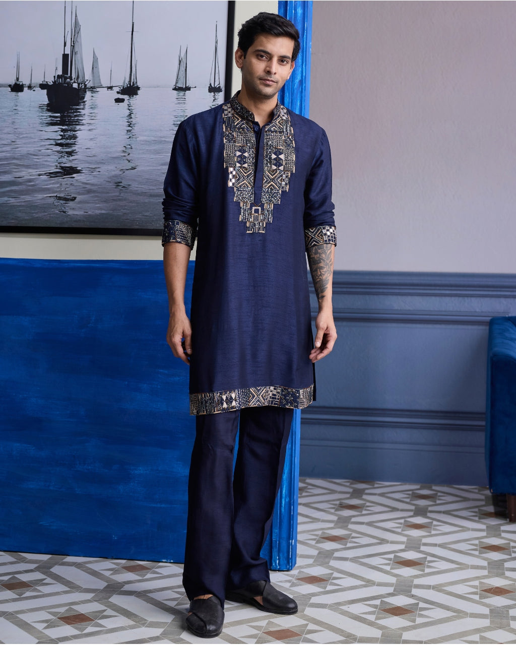 Dark Blue Geometric Emboidered Kurta With Solid Pants