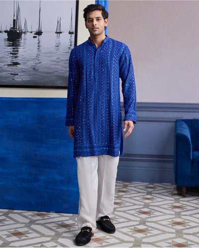 Electric Blue Mirror Embroidery & Thread Work Kurta With Pants