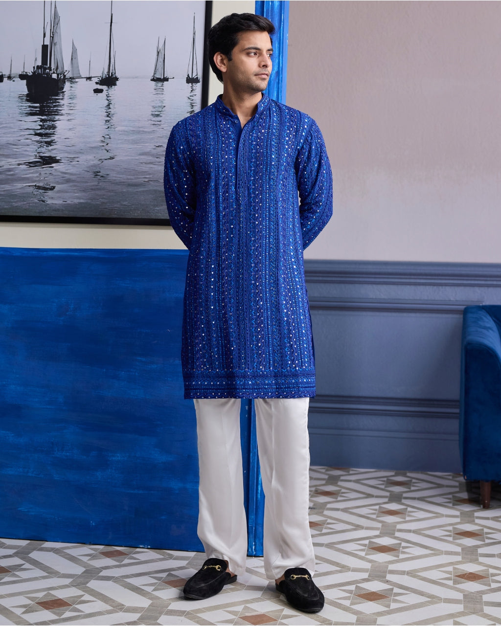 Electric Blue Mirror Embroidery & Thread Work Kurta With Pants