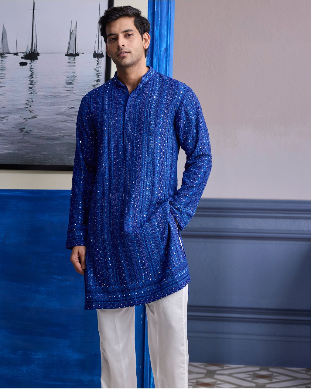Electric Blue Mirror Embroidery & Thread Work Kurta With Pants
