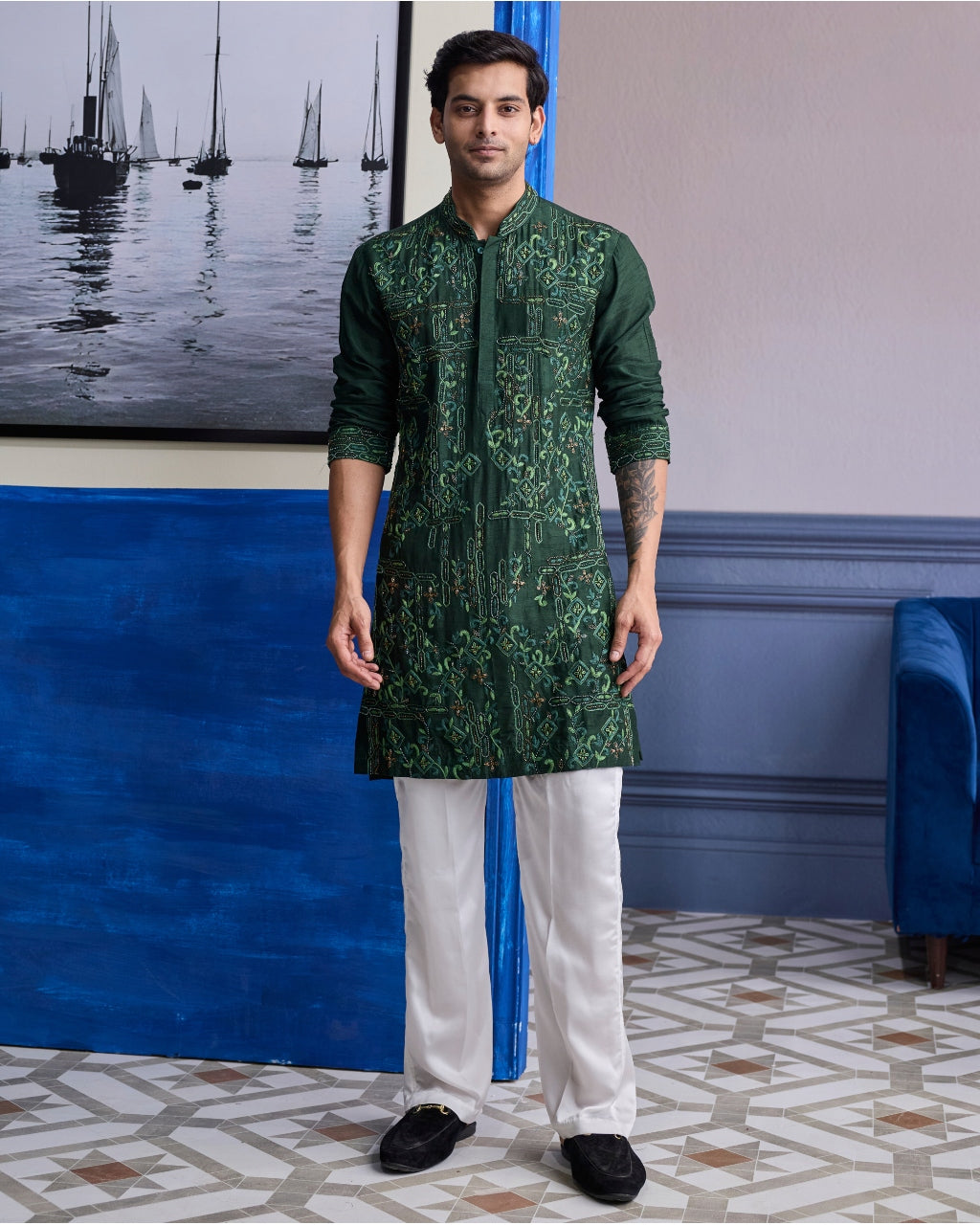 Bottle Green Thread Work Embroidered Kurta With Ivory Pants