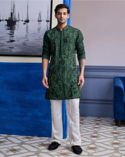 Bottle Green Thread Work Embroidered Kurta With Ivory Pants