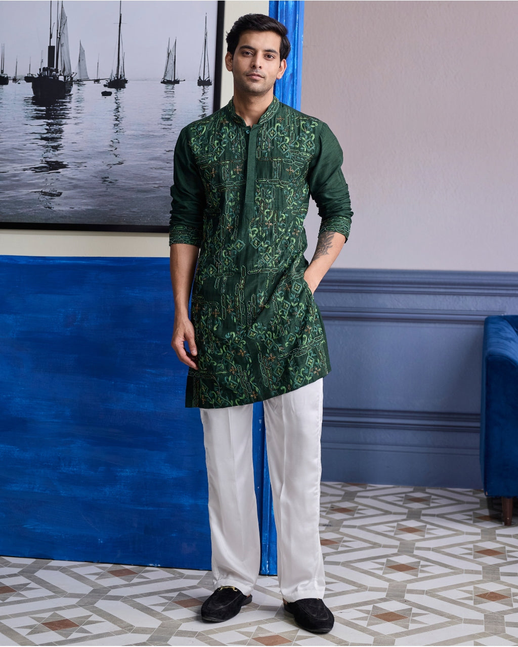 Bottle Green Thread Work Embroidered Kurta With Ivory Pants