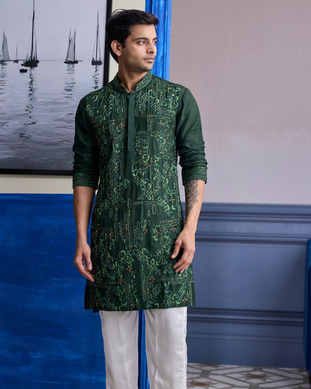 Bottle Green Thread Work Embroidered Kurta With Ivory Pants