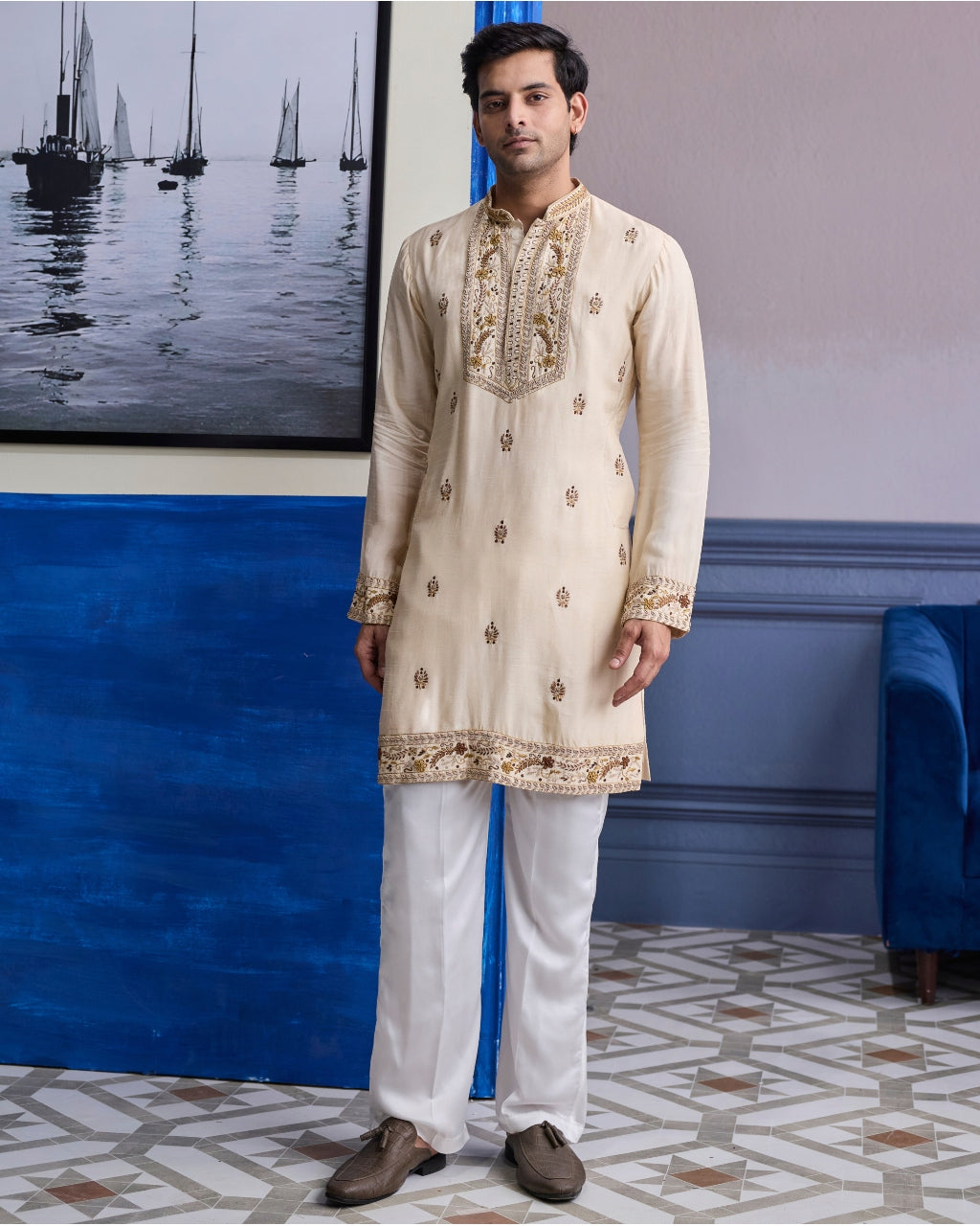 Ivory Thread Embroidered Yoke Kurta With Pants
