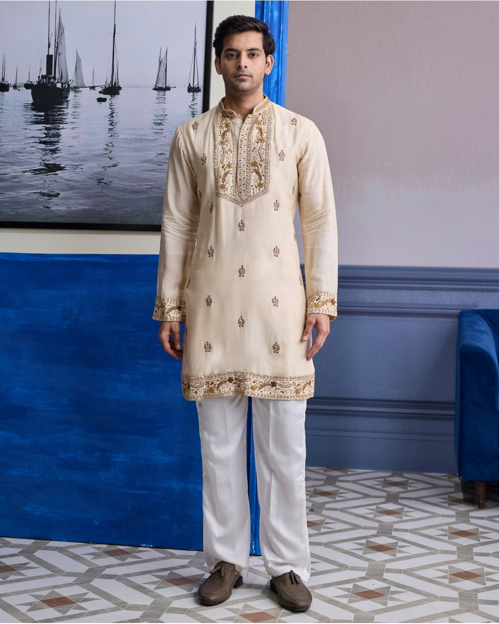 Ivory Thread Embroidered Yoke Kurta With Pants