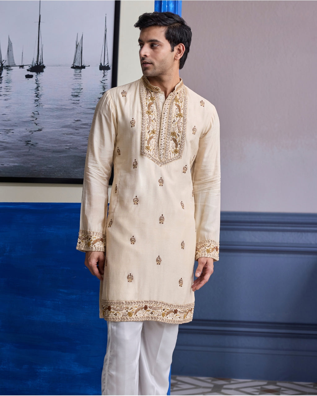 Ivory Thread Embroidered Yoke Kurta With Pants