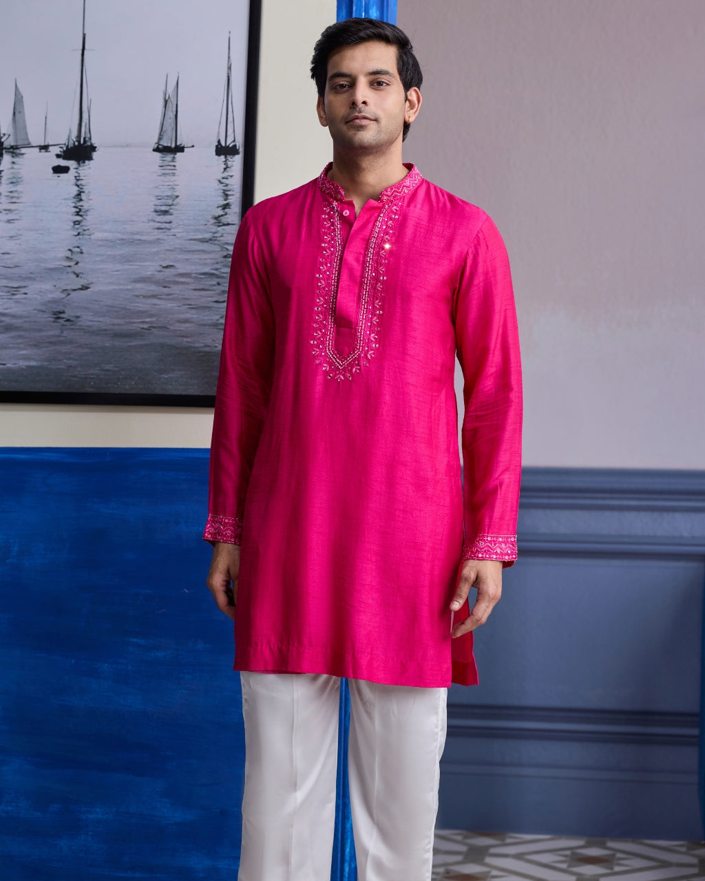 Fuschia Pink Mirror Embroidered & Thread Work Bandhgla Jacket With Kurta & Pants