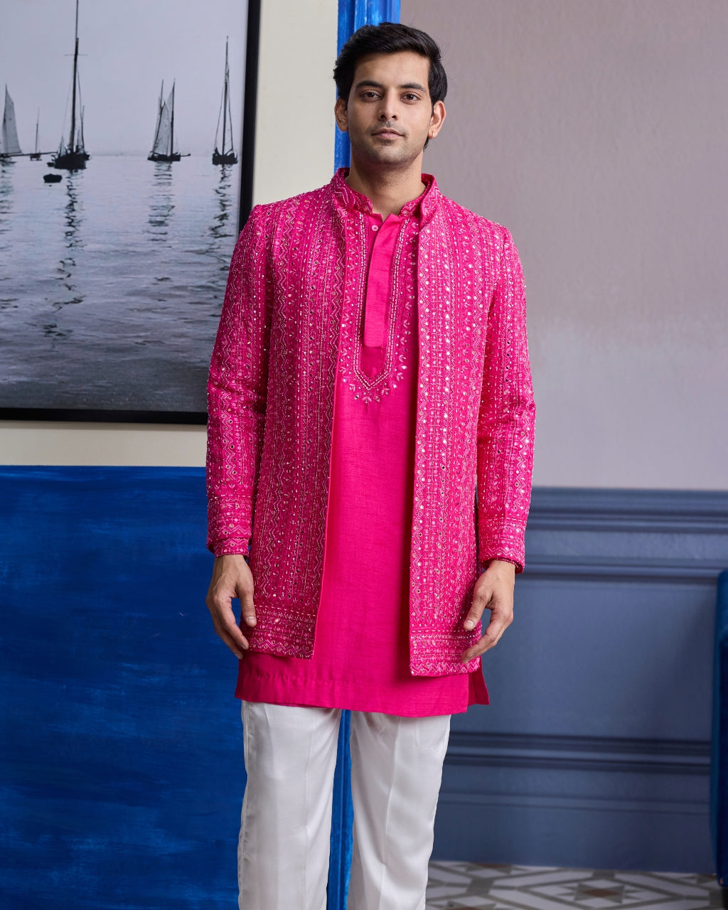 Fuschia Pink Mirror Embroidered & Thread Work Bandhgla Jacket With Kurta & Pants