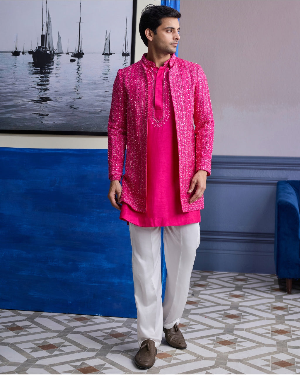Fuschia Pink Mirror Embroidered & Thread Work Bandhgla Jacket With Kurta & Pants