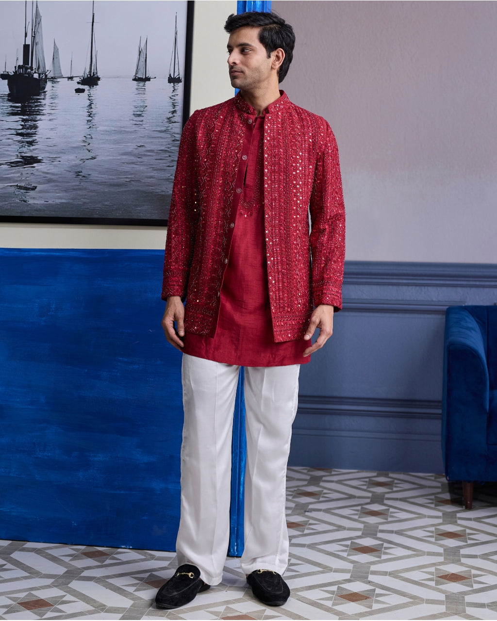 Maroon Mirror Embroidered & Thread Work Bandhgla Jacket With Kurta & Pants
