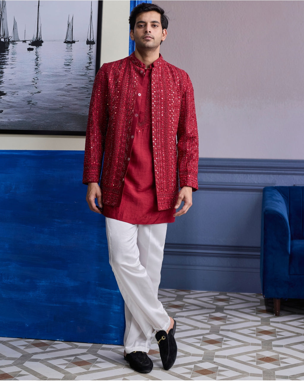 Maroon Mirror Embroidered & Thread Work Bandhgla Jacket With Kurta & Pants