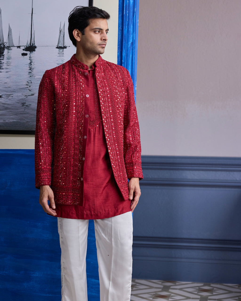 Maroon Mirror Embroidered & Thread Work Bandhgla Jacket With Kurta & Pants