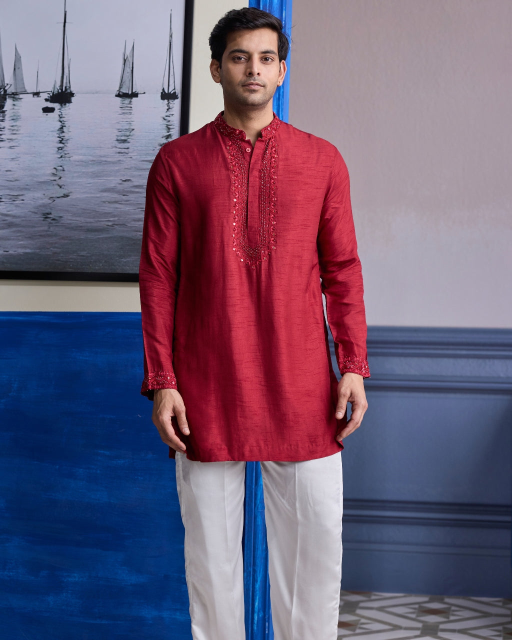 Maroon Mirror Embroidered & Thread Work Bandhgla Jacket With Kurta & Pants