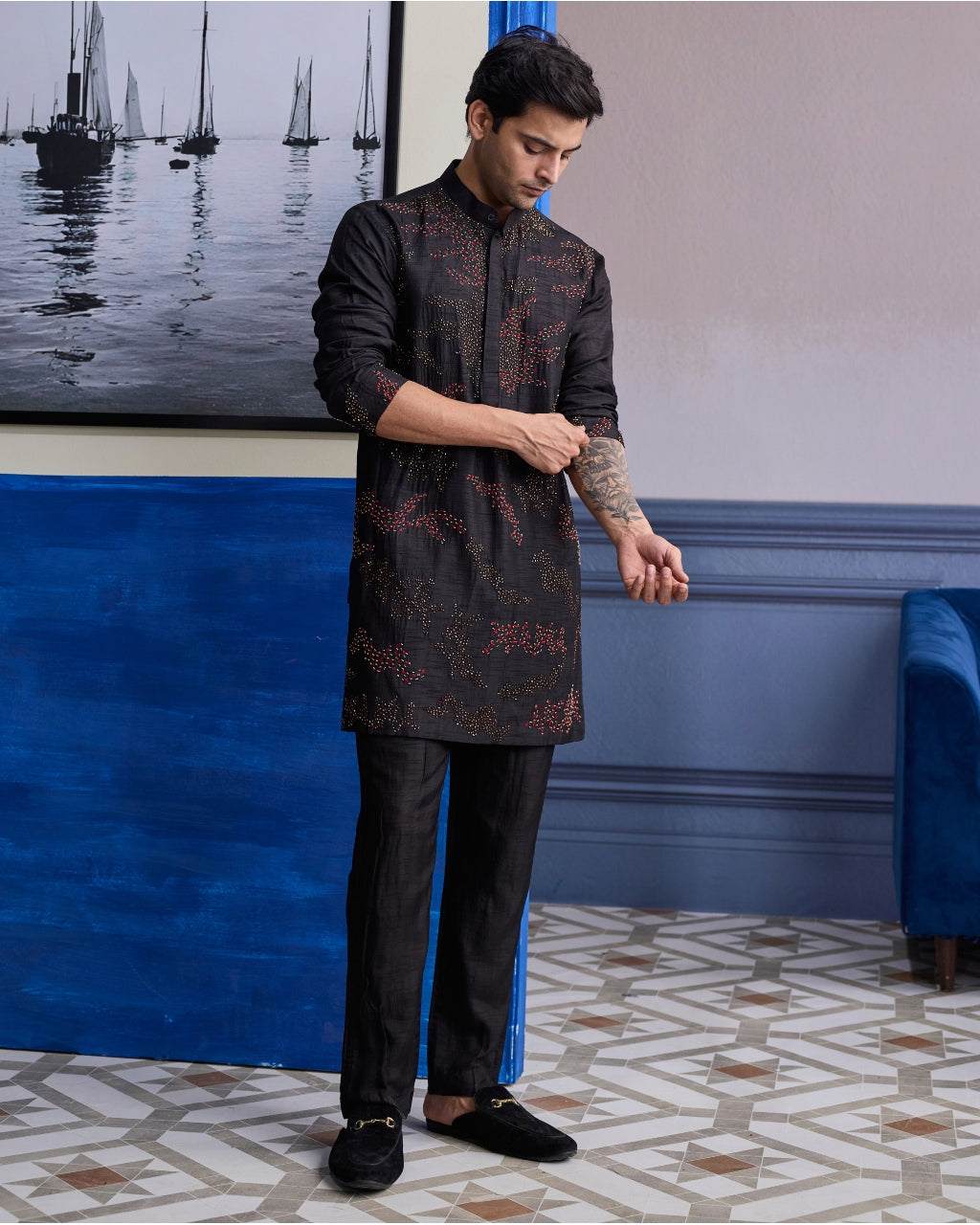 Black Abstract Embroidered Kurta With Pants