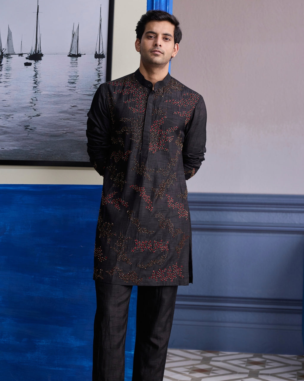 Black Abstract Embroidered Kurta With Pants